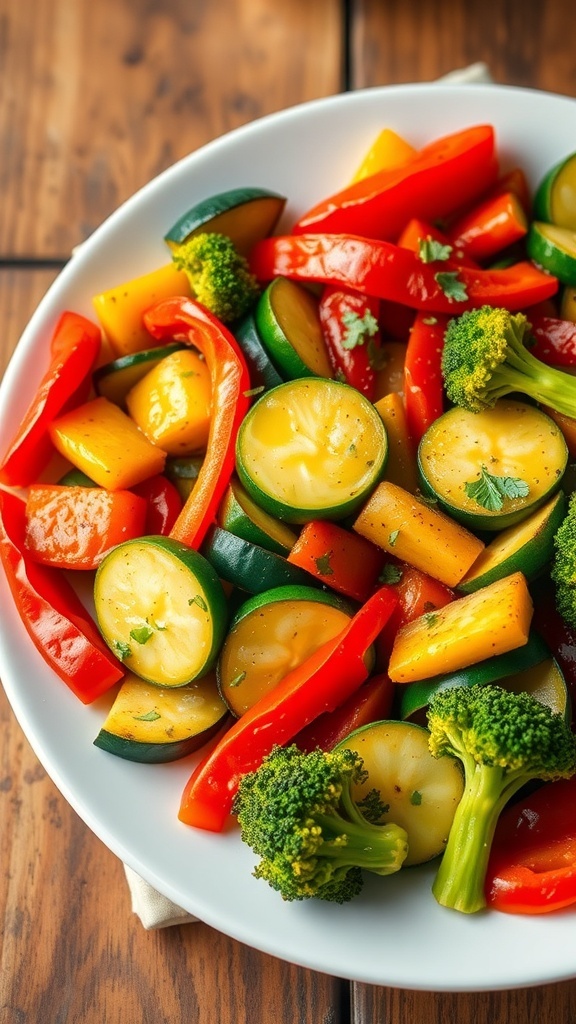 Sautéed butter vegetables including bell peppers, zucchini, and broccoli on a white plate garnished with herbs.